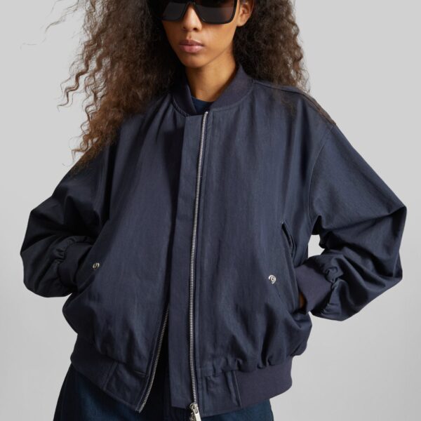 The Frankie Shop Davron Denim Effect Bomber Jacket - Dark Navy - Oversized Minimalist Jackets in Blue - Shop at Coveti