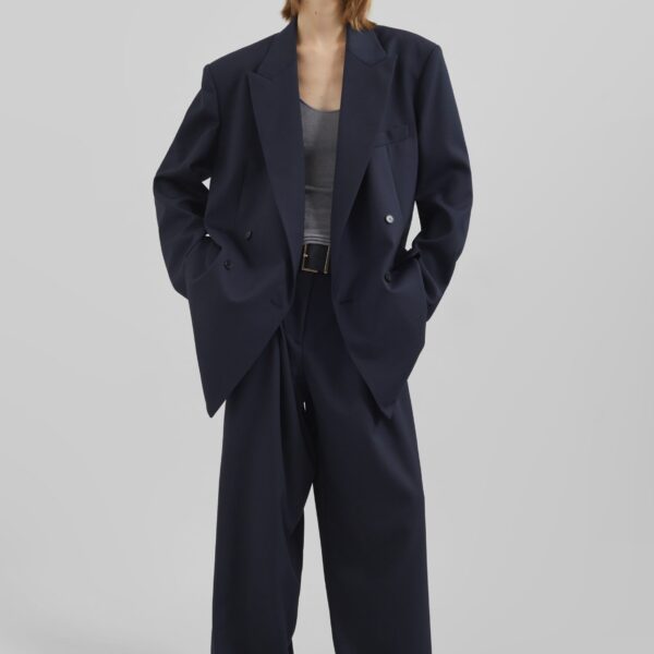 The Frankie Shop Daytona Pleated Trousers - Navy - Oversized Minimalist Pants in Blue - Shop at Coveti