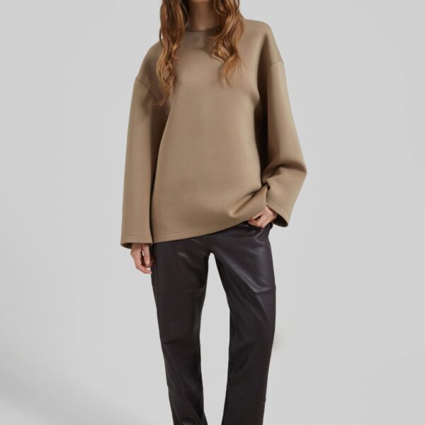 The Frankie Shop Delancey Long Sleeve Neoprene Top - Camel - Oversized Minimalist Tops in Beige - Shop at Coveti