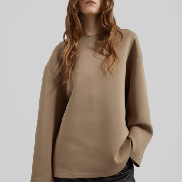 The Frankie Shop Delancey Long Sleeve Neoprene Top - Camel - Oversized Minimalist Tops in Beige - Shop at Coveti