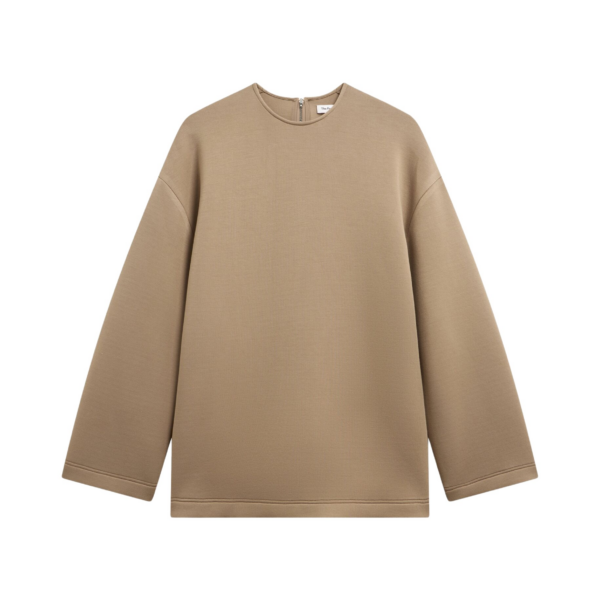 The Frankie Shop Delancey Long Sleeve Neoprene Top - Camel - Oversized Minimalist Tops in Beige - Shop at Coveti