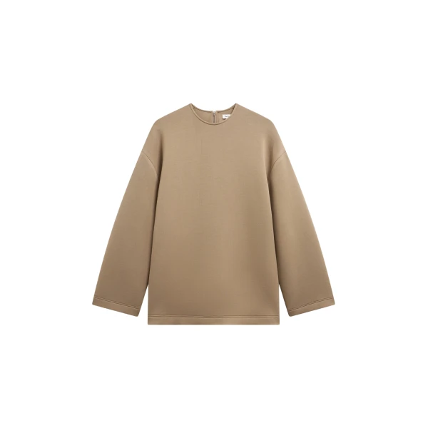 The Frankie Shop Delancey Long Sleeve Neoprene Top - Camel - Oversized Minimalist Tops in Beige - Shop at Coveti