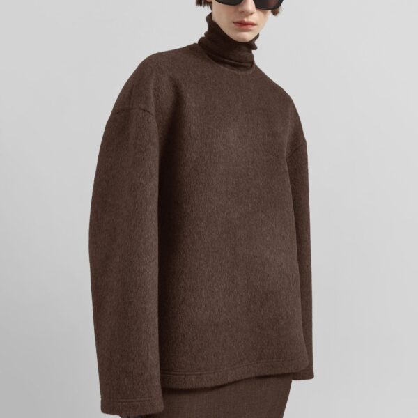 The Frankie Shop Delancey Long Sleeve Wool Top - Brown Melange - Oversized Minimalist Tops in Beige - Shop at Coveti