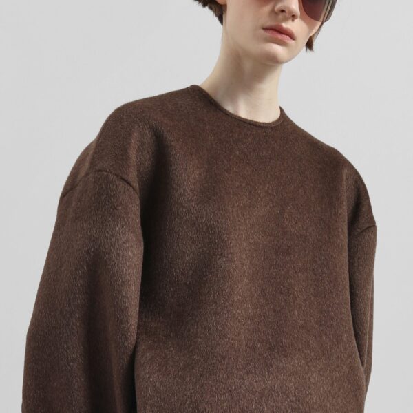 The Frankie Shop Delancey Long Sleeve Wool Top - Brown Melange - Oversized Minimalist Tops in Beige - Shop at Coveti