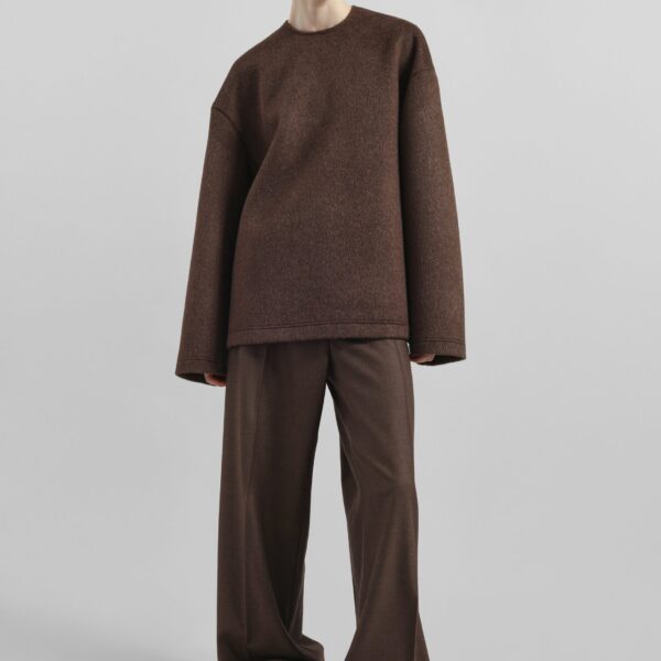 The Frankie Shop Delancey Long Sleeve Wool Top - Brown Melange - Oversized Minimalist Tops in Beige - Shop at Coveti