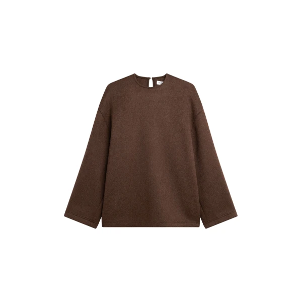 The Frankie Shop Delancey Long Sleeve Wool Top - Brown Melange - Oversized Minimalist Tops in Beige - Shop at Coveti