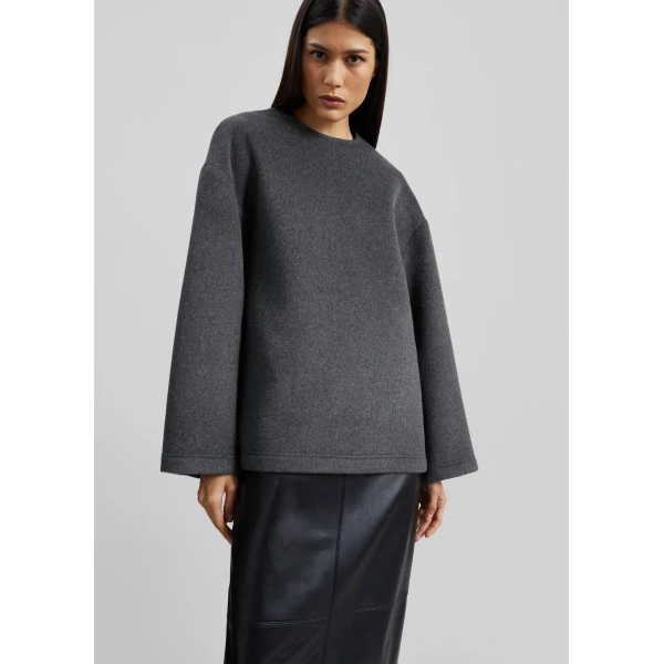 The Frankie Shop Delancey Long Sleeve Wool Top – Dark Grey Melange, view 3