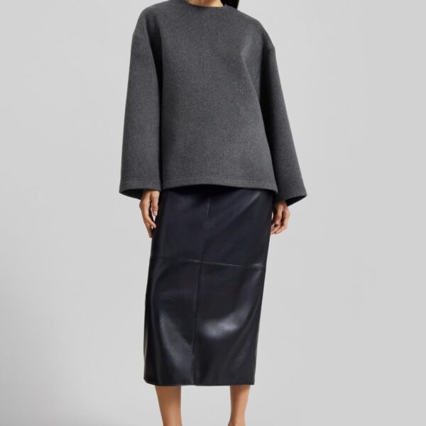 The Frankie Shop Delancey Long Sleeve Wool Top - Dark Grey Melange - Oversized Minimalist Tops in Grey - Shop at Coveti