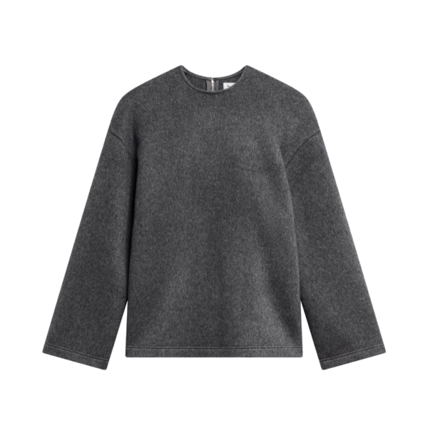 The Frankie Shop Delancey Long Sleeve Wool Top - Dark Grey Melange - Oversized Minimalist Tops in Grey - Shop at Coveti