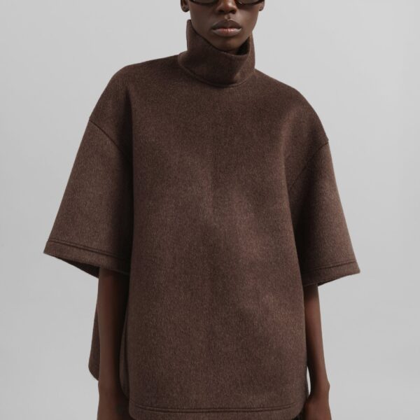 The Frankie Shop Delancey Mock Neck Wool Top - Brown Melange - Oversized Minimalist Tops in Beige - Shop at Coveti