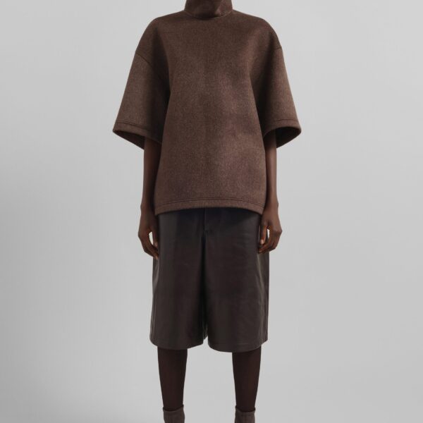 The Frankie Shop Delancey Mock Neck Wool Top - Brown Melange - Oversized Minimalist Tops in Beige - Shop at Coveti