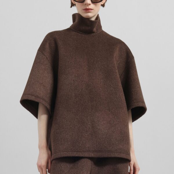 The Frankie Shop Delancey Mock Neck Wool Top - Brown Melange - Oversized Minimalist Tops in Beige - Shop at Coveti