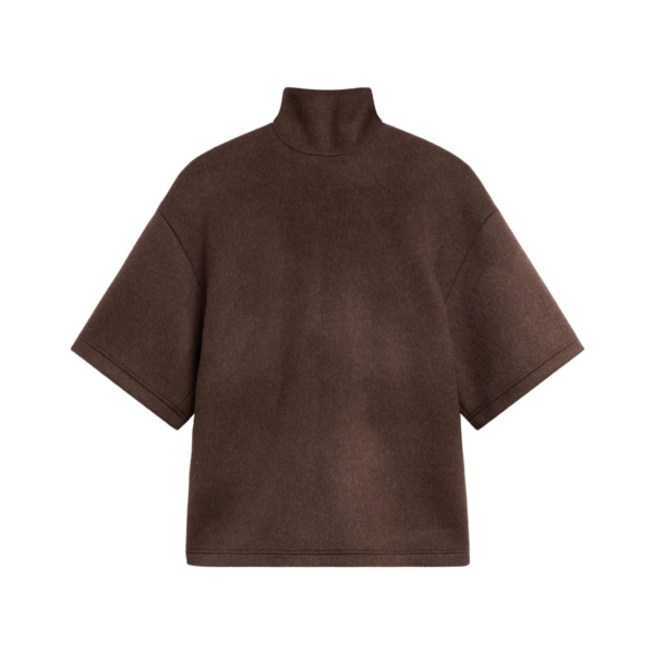 The Frankie Shop Delancey Mock Neck Wool Top - Brown Melange - Oversized Minimalist Tops in Beige - Shop at Coveti