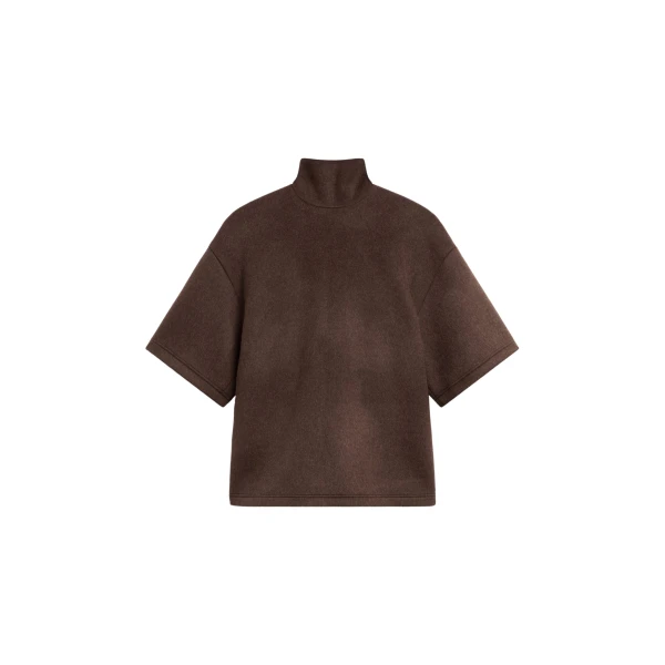 The Frankie Shop Delancey Mock Neck Wool Top - Brown Melange - Oversized Minimalist Tops in Beige - Shop at Coveti