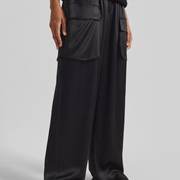 The Frankie Shop Delny Satin Cargo Pants - Black - Oversized Minimalist Pants in Black - Shop at Coveti