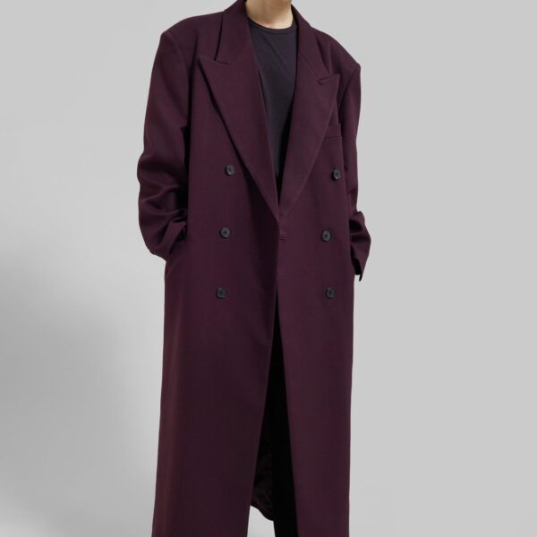 The Frankie Shop Delphina Long Coat - Burgundy - Oversized Minimalist Coats in Red - Shop at Coveti