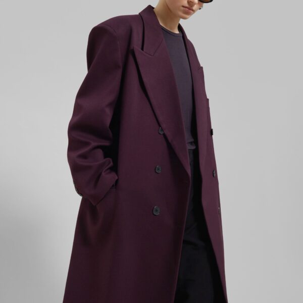 The Frankie Shop Delphina Long Coat - Burgundy - Oversized Minimalist Coats in Red - Shop at Coveti