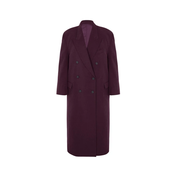 The Frankie Shop Delphina Long Coat - Burgundy - Oversized Minimalist Coats in Red - Shop at Coveti