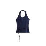 The Frankie Shop Denia Halter Tie Top - Navy - Oversized Minimalist Tops in Blue - Shop at Coveti