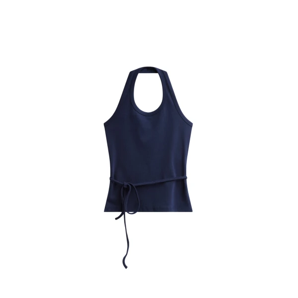 The Frankie Shop Denia Halter Tie Top - Navy - Oversized Minimalist Tops in Blue - Shop at Coveti