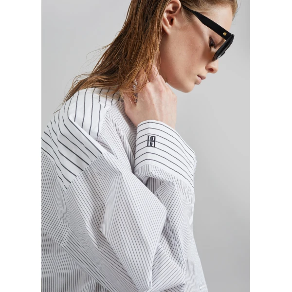 The Frankie Shop Derris Shirt – White/Black Mix Stripe, view 5