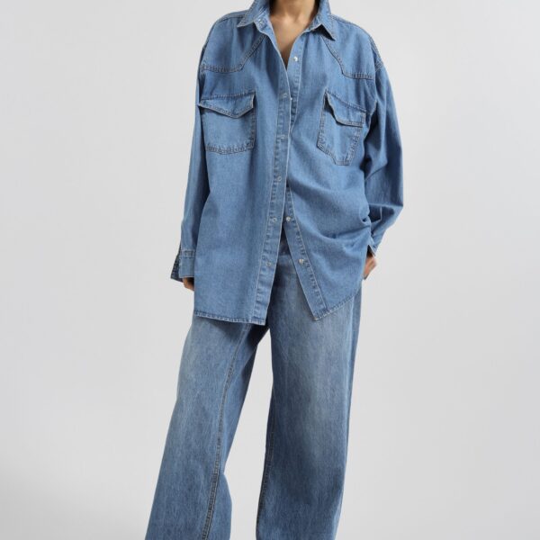 The Frankie Shop Desona Denim Shirt - Medium Wash - Oversized Minimalist Tops in Grey - Shop at Coveti