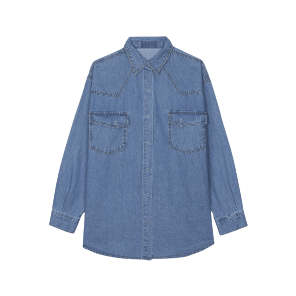 The Frankie Shop Desona Denim Shirt - Medium Wash - Oversized Minimalist Tops in Grey - Shop at Coveti