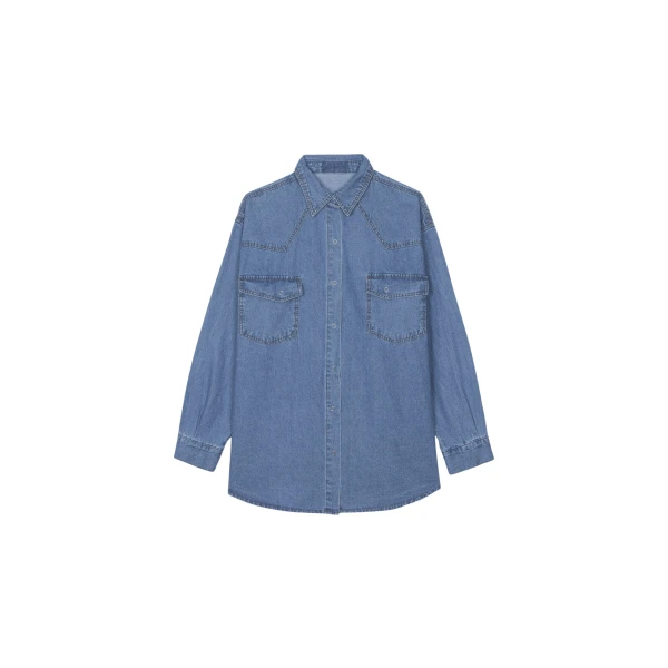 The Frankie Shop Desona Denim Shirt - Medium Wash - Oversized Minimalist Tops in Grey - Shop at Coveti