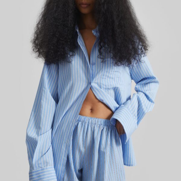 The Frankie Shop Deya Fluid Mini Boxer Shorts - Blue/White Stripe - Oversized Minimalist Shorts in Multicolour - Shop at Coveti