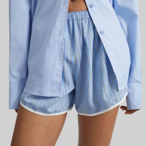 The Frankie Shop Deya Fluid Mini Boxer Shorts - Blue/White Stripe - Oversized Minimalist Shorts in Multicolour - Shop at Coveti