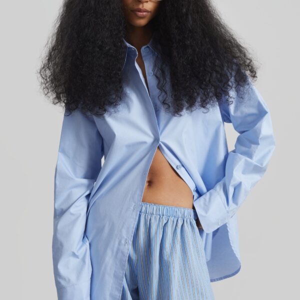 The Frankie Shop Deya Fluid Mini Boxer Shorts - Blue/White Stripe - Oversized Minimalist Shorts in Multicolour - Shop at Coveti