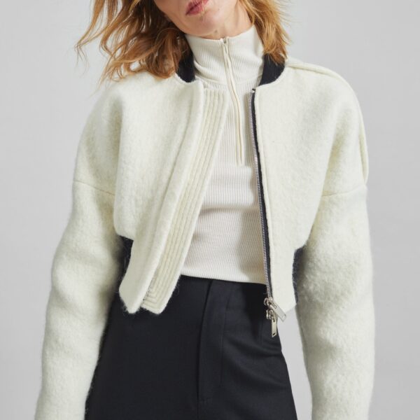 The Frankie Shop Dimaro Wool Cropped Bomber Jacket - Ivory - Oversized Minimalist Jackets in Ivory - Shop at Coveti