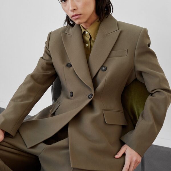The Frankie Shop Dina Double Breasted Blazer - Khaki - Oversized Minimalist Jackets in Green - Shop at Coveti