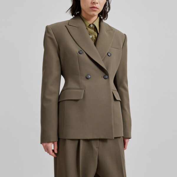 The Frankie Shop Dina Double Breasted Blazer - Khaki - Oversized Minimalist Jackets in Green - Shop at Coveti
