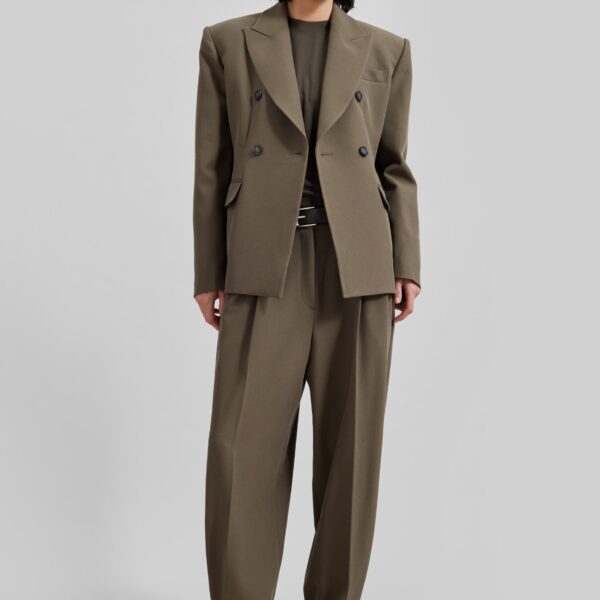 The Frankie Shop Dina Double Breasted Blazer - Khaki - Oversized Minimalist Jackets in Green - Shop at Coveti