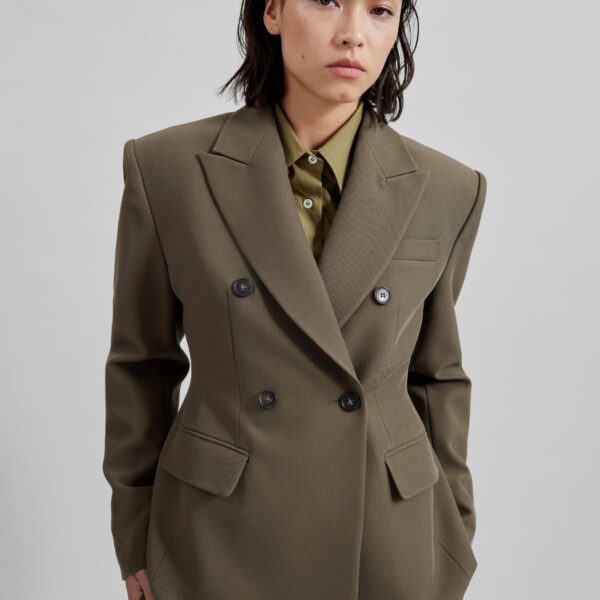 The Frankie Shop Dina Double Breasted Blazer - Khaki - Oversized Minimalist Jackets in Green - Shop at Coveti