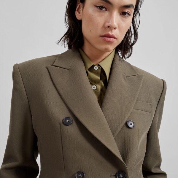 The Frankie Shop Dina Double Breasted Blazer - Khaki - Oversized Minimalist Jackets in Green - Shop at Coveti