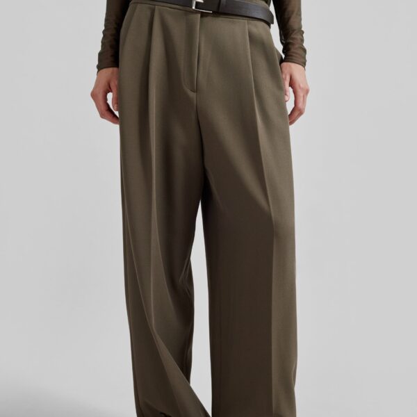 The Frankie Shop Dina Pleated Trousers - Khaki - Oversized Minimalist Pants in Green - Shop at Coveti