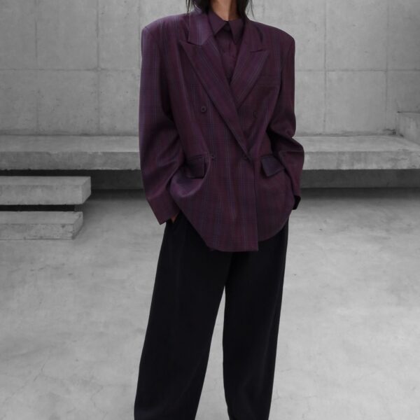 The Frankie Shop Dinant Padded Double-Breasted Blazer - Burgundy Plaid - Oversized Minimalist Jackets in Multicolour - Shop at Coveti