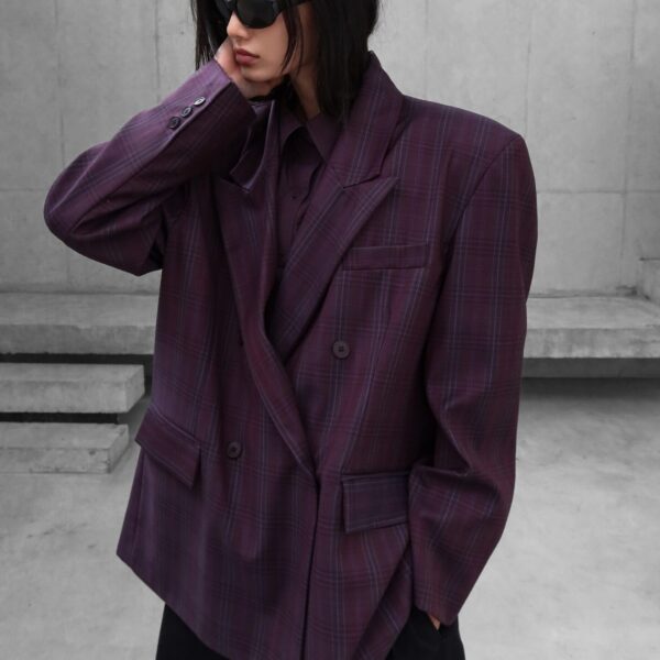 The Frankie Shop Dinant Padded Double-Breasted Blazer - Burgundy Plaid - Oversized Minimalist Jackets in Multicolour - Shop at Coveti