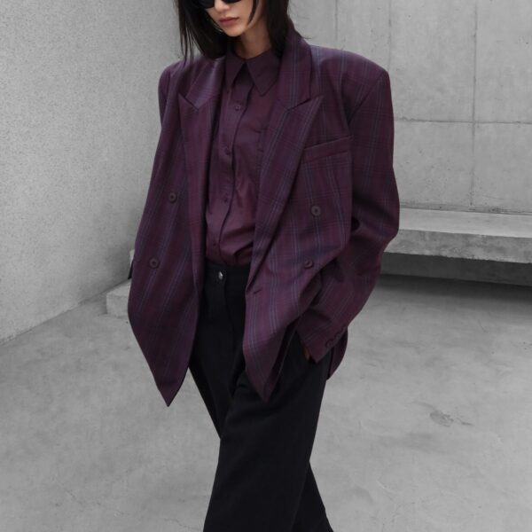 The Frankie Shop Dinant Padded Double-Breasted Blazer - Burgundy Plaid - Oversized Minimalist Jackets in Multicolour - Shop at Coveti