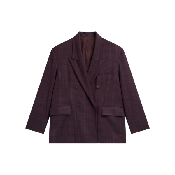The Frankie Shop Dinant Padded Double-Breasted Blazer - Burgundy Plaid - Oversized Minimalist Jackets in Multicolour - Shop at Coveti