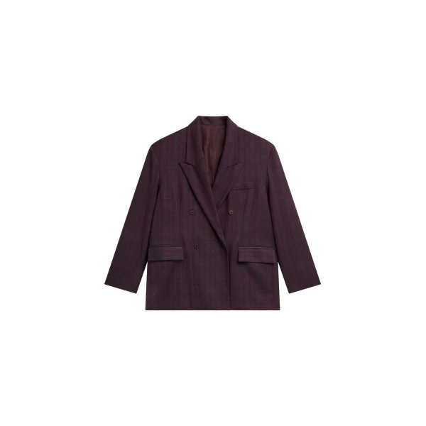 The Frankie Shop Dinant Padded Double-Breasted Blazer - Burgundy Plaid - Oversized Minimalist Jackets in Multicolour - Shop at Coveti
