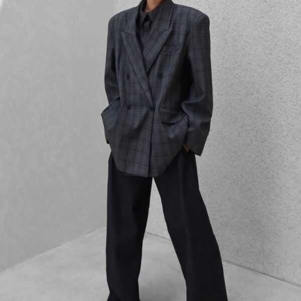 The Frankie Shop Dinant Padded Double-Breasted Blazer - Grey Plaid - Oversized Minimalist Jackets in Multicolour - Shop at Coveti