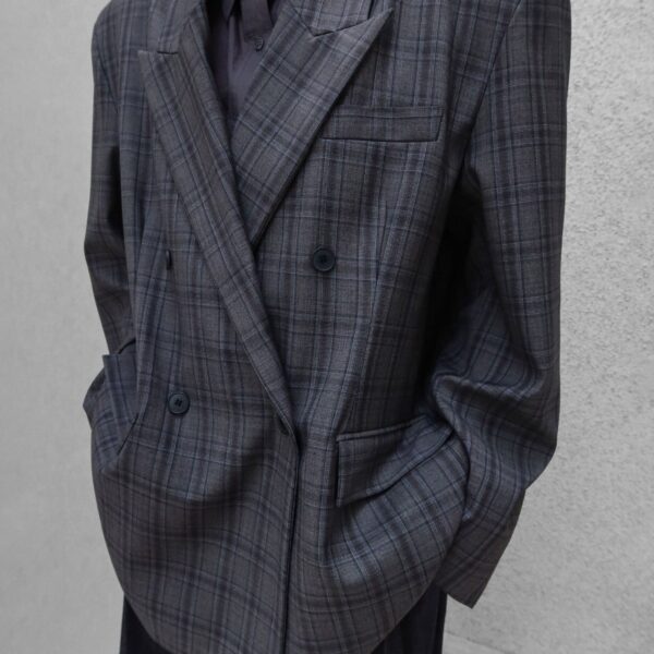 The Frankie Shop Dinant Padded Double-Breasted Blazer - Grey Plaid - Oversized Minimalist Jackets in Multicolour - Shop at Coveti