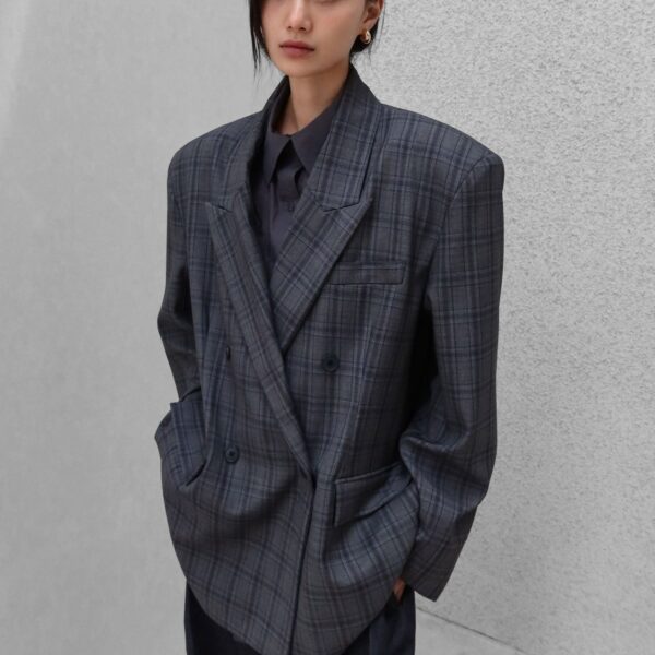 The Frankie Shop Dinant Padded Double-Breasted Blazer - Grey Plaid - Oversized Minimalist Jackets in Multicolour - Shop at Coveti
