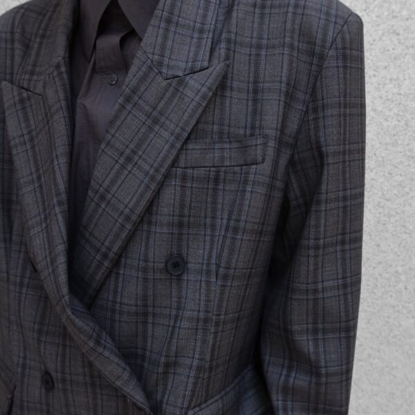 The Frankie Shop Dinant Padded Double-Breasted Blazer - Grey Plaid - Oversized Minimalist Jackets in Multicolour - Shop at Coveti