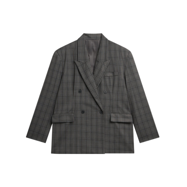 The Frankie Shop Dinant Padded Double-Breasted Blazer - Grey Plaid - Oversized Minimalist Jackets in Multicolour - Shop at Coveti