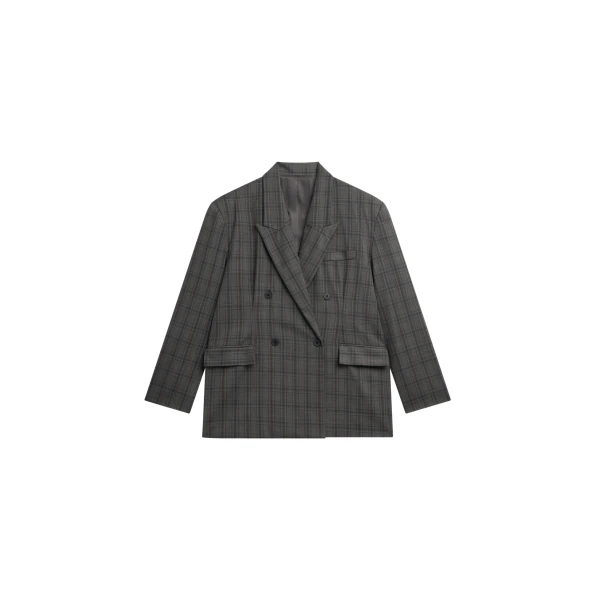 The Frankie Shop Dinant Padded Double-Breasted Blazer - Grey Plaid - Oversized Minimalist Jackets in Multicolour - Shop at Coveti