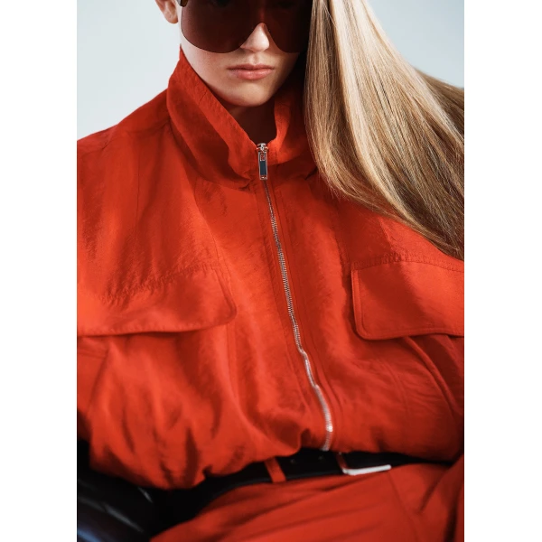 The Frankie Shop Drea Sheer Bomber Jacket - Red - Oversized Minimalist Jackets in Red - Shop at Coveti